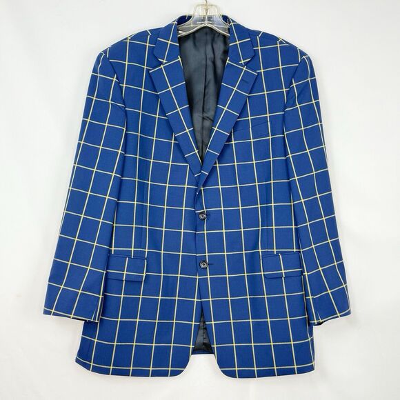 Paul Fredrick Wool Blazer Sport Coat Mens Size 43R Blue Plaid Jacket - Picture 1 of 16